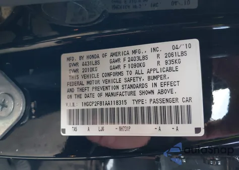 2010 Honda Accord 2.4 Ex-L from USA, damaged, VIN 1HGCP2F81AA118315